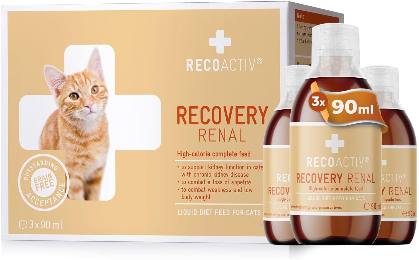 RECOACTIV Recovery Renal for Cats - High-Calorie & Highly Palatable – Supports Kidney Function & Weight Gain, Highly Digestible Proteins, Low Phosphorus Content, Complete Diet, 3 x 90 ml
