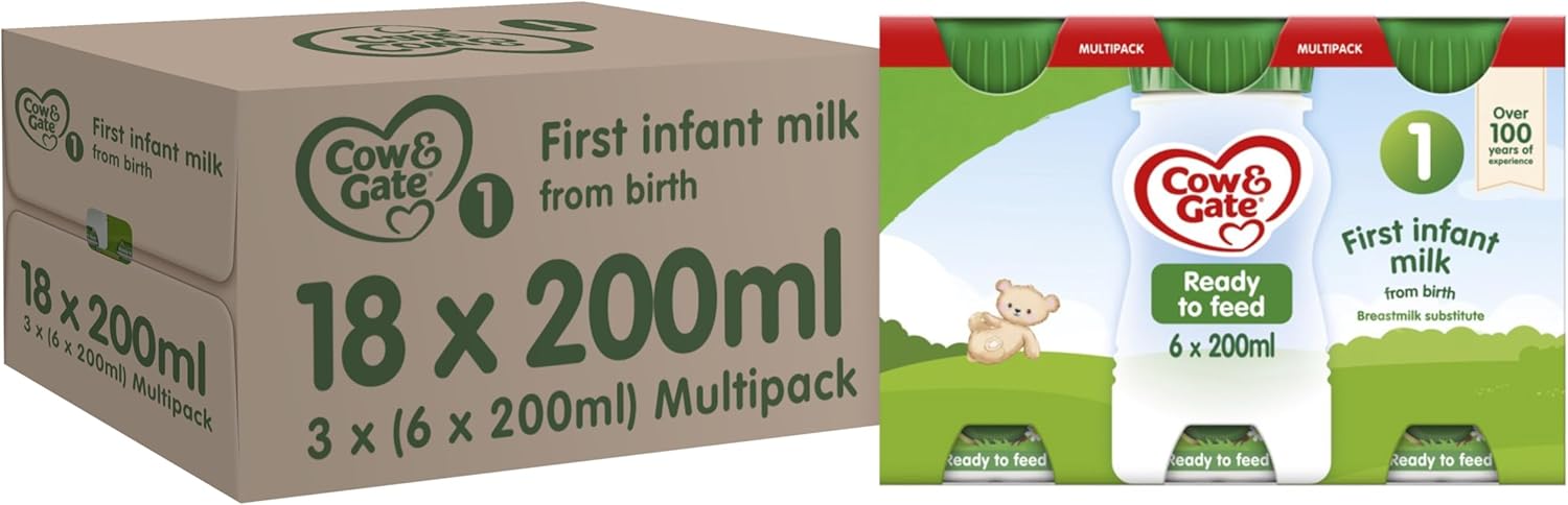 Cow & Gate 1 First Infant Baby Milk Ready to Use Liquid Formula, from Birth, 200 ml, (Pack of 18)