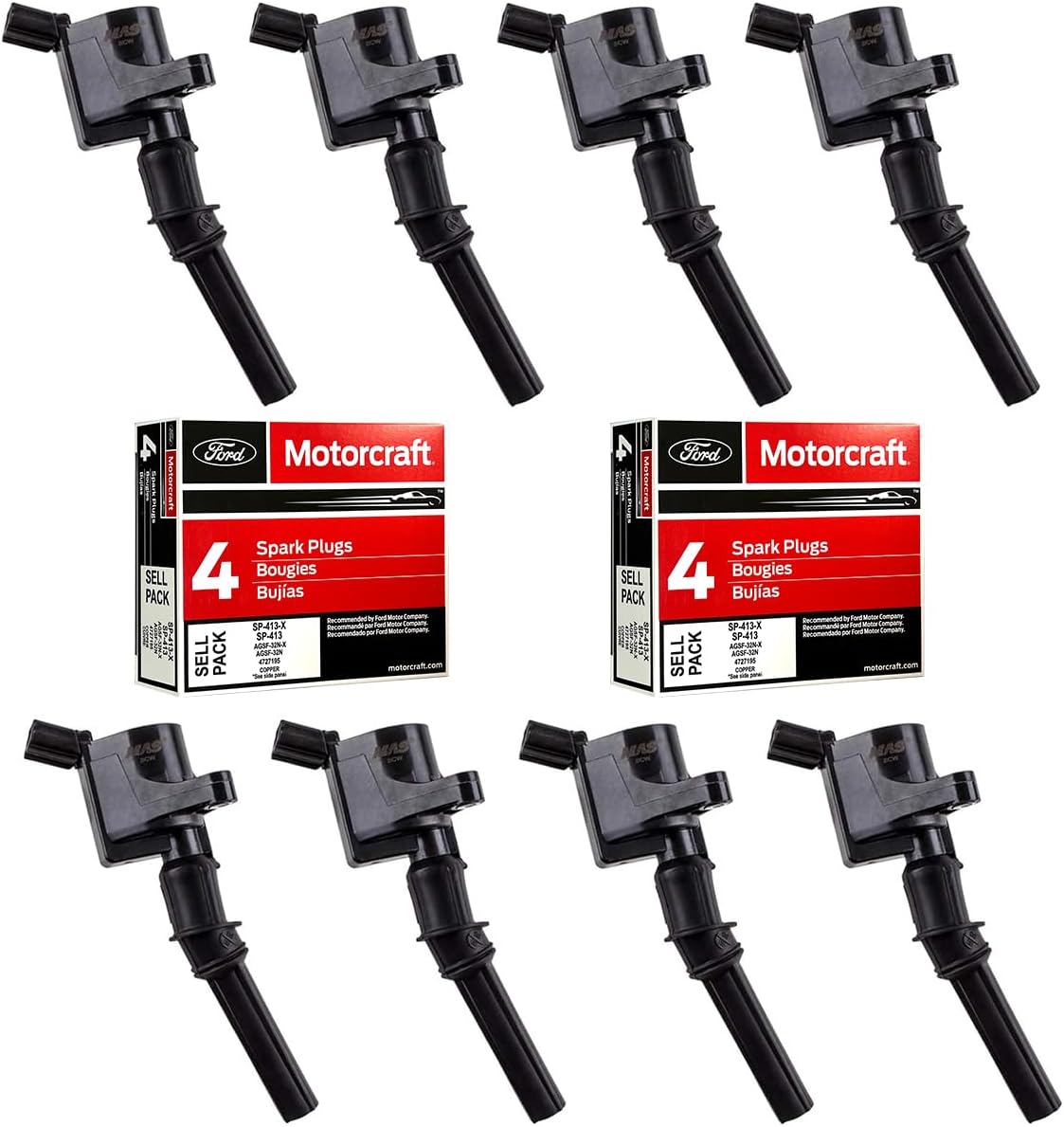MAS Ignition Coils DG508 and Motorcraft OEM Spark Plugs SP413 Compatible with Ford F-150 Mustang V8 4.6L pack of 8