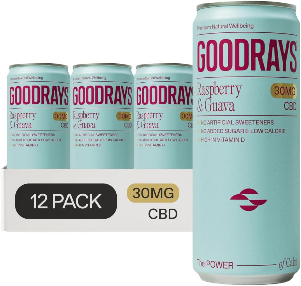 Goodrays - 30mg CBD Drink - 12 x 250ml Cans - Raspberry & Guava - Natural Flavours, Low Calorie, Vegan - High Strength (30mg/can), All Natural - Reduce Stress & Unwind, Packaging May Vary