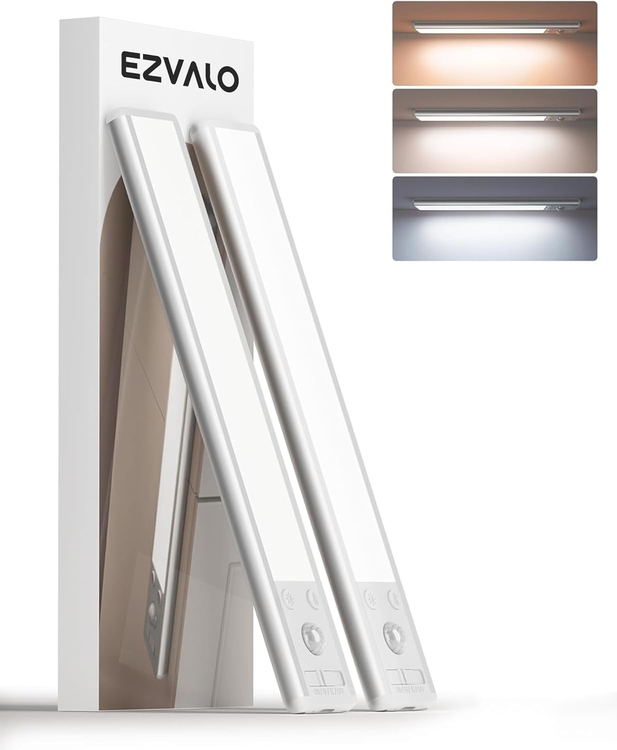 EZVALO Under Cabinet Lights, 80 LED Motion Sensor Lights Indoor 3 Color Temps, 1900mAh Rechargeable Closet Lights Wireless, Dimmable Under Counter Lights for Kitchen, Wardrobe, Hallway (2 Pack)