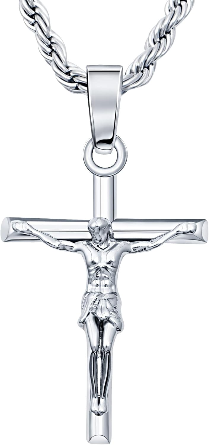 HELLOICE Crucifix Cross Necklace 18K Gold Plated Cross Pendant with 3mm 22" Rope Chain for Men Women