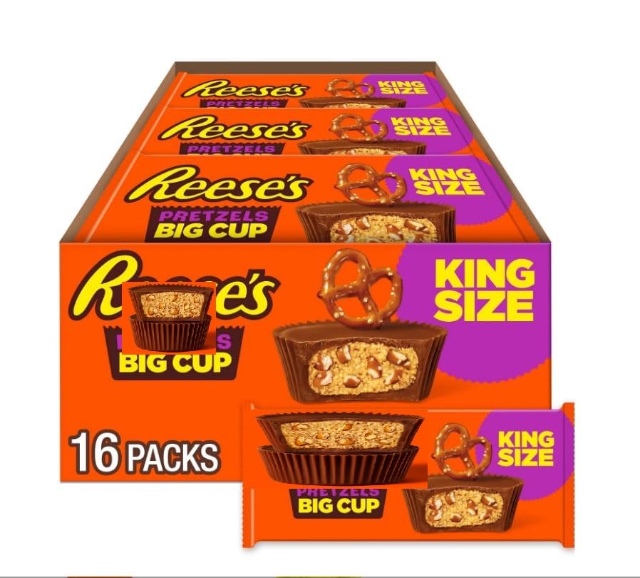 Reese Big Cup with Pretzels Milk Chocolate King Size Peanut Butter Cups, 16 Count 2.6 oz (32 Cups Total) Candy Packs Individually Wrapped Milk Chocolate Candy 16 Trays of 2 BIGcups