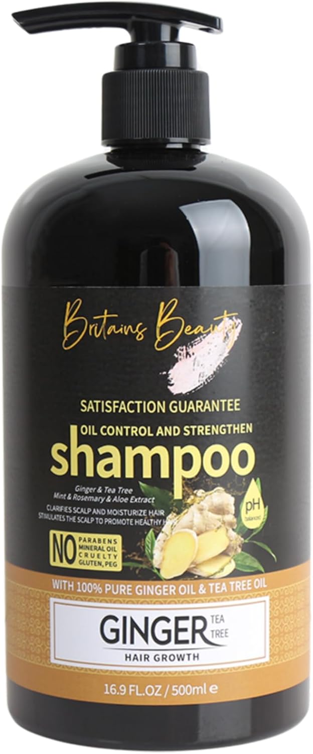 Britains Beauty Ginger & Tea Tree Hair Shampoo - Oil Control, Strengthening & Hair Growth with Natural Ingredients, Paraben-Free, Sulfate-Free, For All Hair Types, 500ml