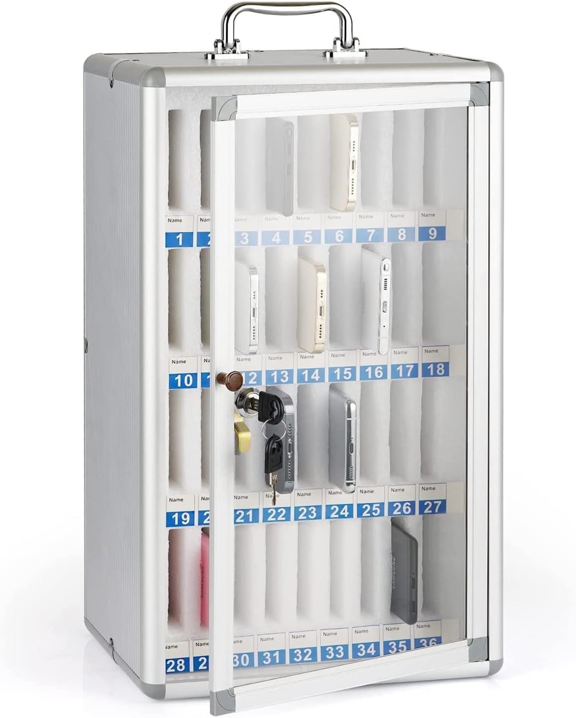 12/24 /36/48/60 Slots Cell Phone Locker Box Aluminum Alloy Lockable Military School Classrooms Put Mobile Phone Management Storage Cabinets On The Wall (Color : Silver, Size : 36)