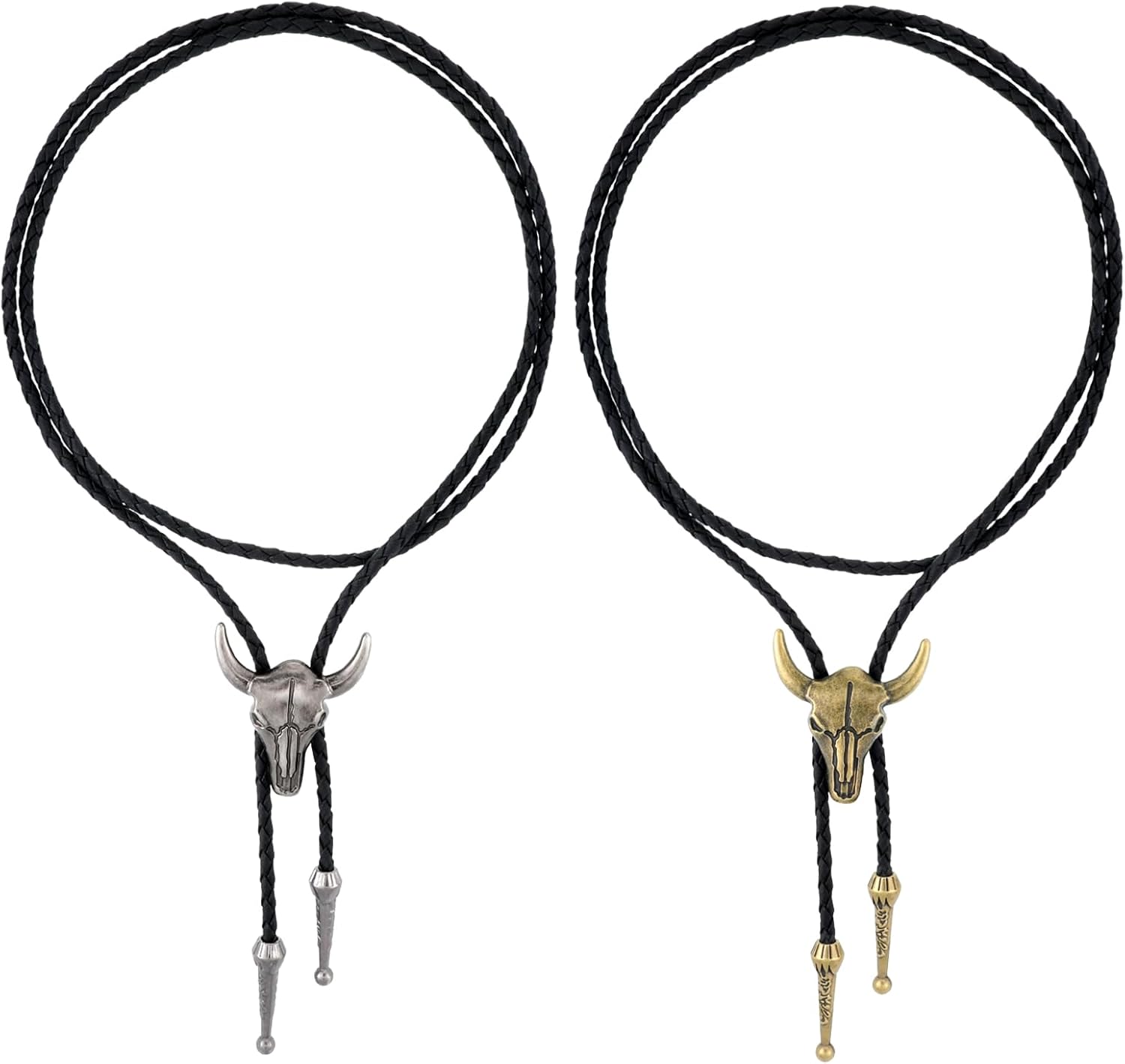 Ptwola 2PCS Bolo Tie Western Cowboy Rodeo Leather Necktie Native American Punk Retro Unisex Necklace Jewelry Bronze Bull Head Halloween Costume Accessories for Men Women
