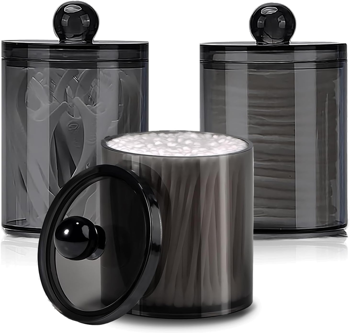 3 Pack Cotton Buds Dispenser, Cotton Pad Holder, 10 oz Clear Black Cotton Swab Holder Cotton Round Holder, Apothecary Jar Set Bathroom Canister Storage Organization for Cotton Ball, Round Pads, Floss