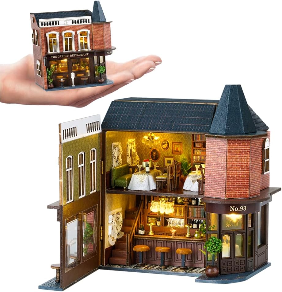 TOPBSFARNY DIY Miniature Doll House Kit with Furniture and LED Light 3D Wooden Dollhouse Kits, 1:100 Scale Creative Mini Room Idea for Teens Adults Birthday Gift (Corner Restaurant)