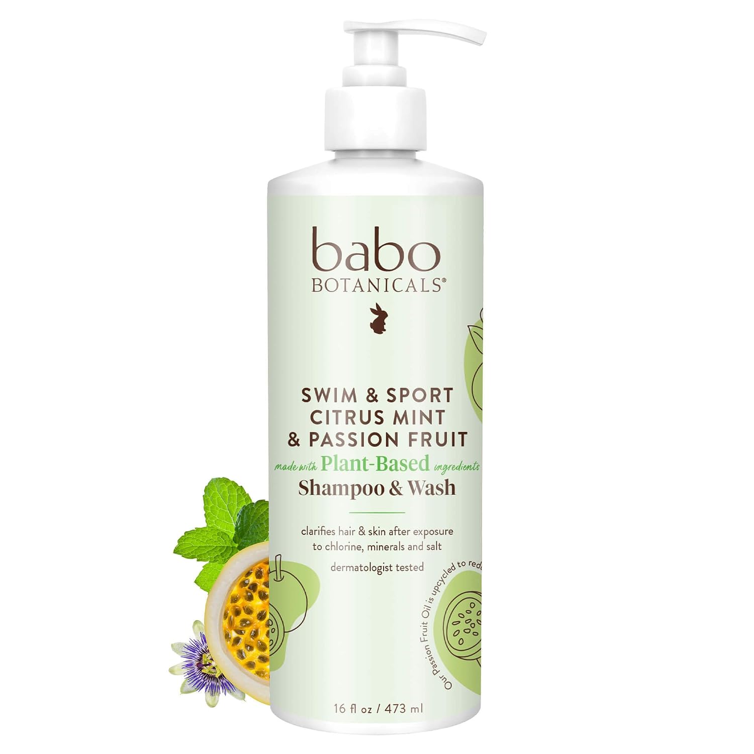 Babo Botanicals Swim & Sport Citrus Mint & Passion Fruit Shampoo & Wash - Purifying Cleanser for hair & body- Removes chlorine & sweat - For all ages - Scented with Citrus & Peppermint Essential Oils