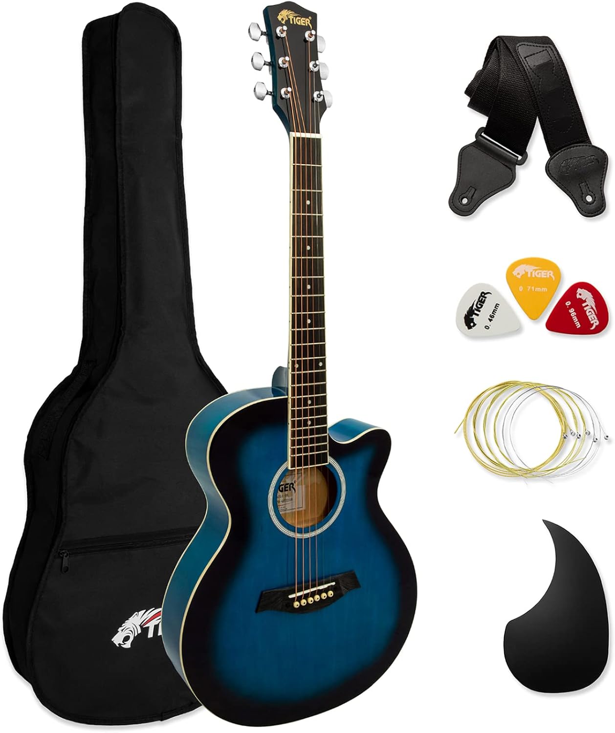 Tiger ACG1-BL34 Acoustic Guitar with Steel Strings – 3/4 Size – for Beginners aged 9+ – Bag, Strap, Spare Strings, Scratchplate and Pick Included - 6 Months Free Lessons - Blue
