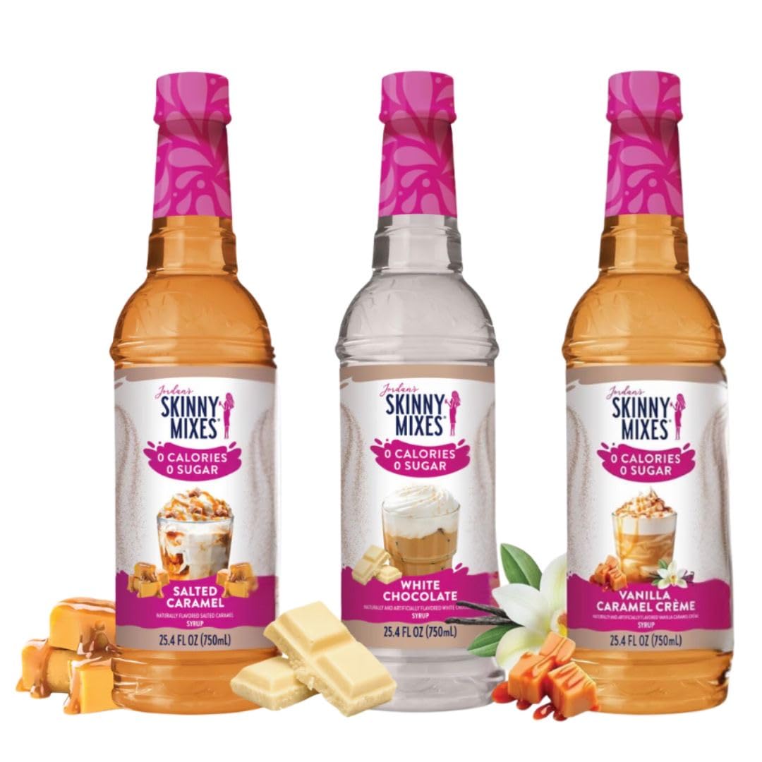 Jordans Skinny Syrups Sugar Free Trio - White Chocolate, Vanilla Caramel Creme, Salted Caramel 25.4 oz. - Gluten Free - Kosher - Made in the USA - 3 Bottle Bundle