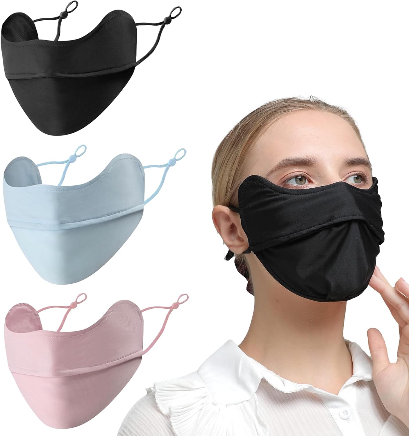 3Pcs reusable face mask made from ice silk cooling material, blocks 98% of UVA/UVB rays, perfect for outdoor activities and motorcycle riding, designed for women, as a UV face shield and UV face mask