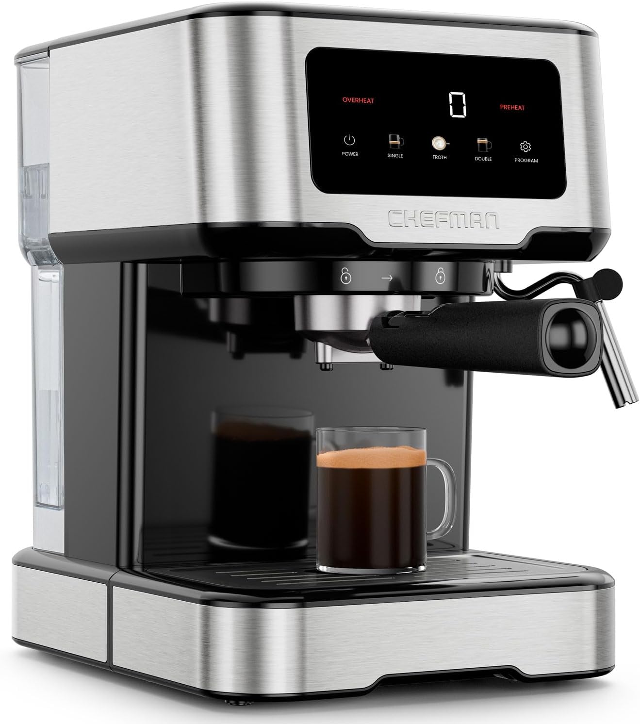Chefman CraftBrew Espresso Machine, 15-Bar Pump Digital Espresso Maker w/Steam Wand for Latte & Cappuccino, Compact Espresso Coffee Machine w/ 1.5L Removable Water Reservoir - Stainless Steel