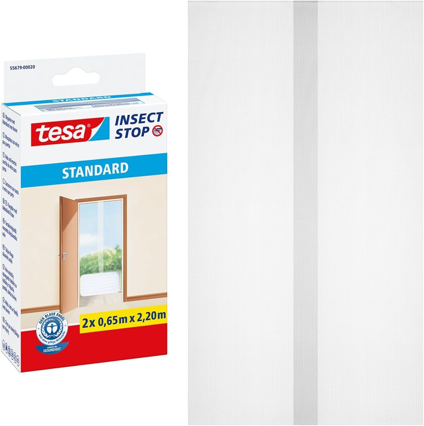 tesa® Insect Stop Hook & Loop Standard for Doors, Insect Screen - easy to mount, white, 2x 65cm x 220cm