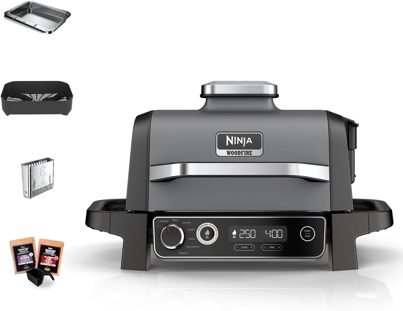 Ninja Woodfire Electric BBQ Grill and Smoker, 7-in-1 Outdoor Grill and Air Fryer, Roast, Bake, Dehydrate, Uses Woodfire Pellets, Weather Resistant, Non-Stick, Portable, Electric, Grey/Black, OG701UK