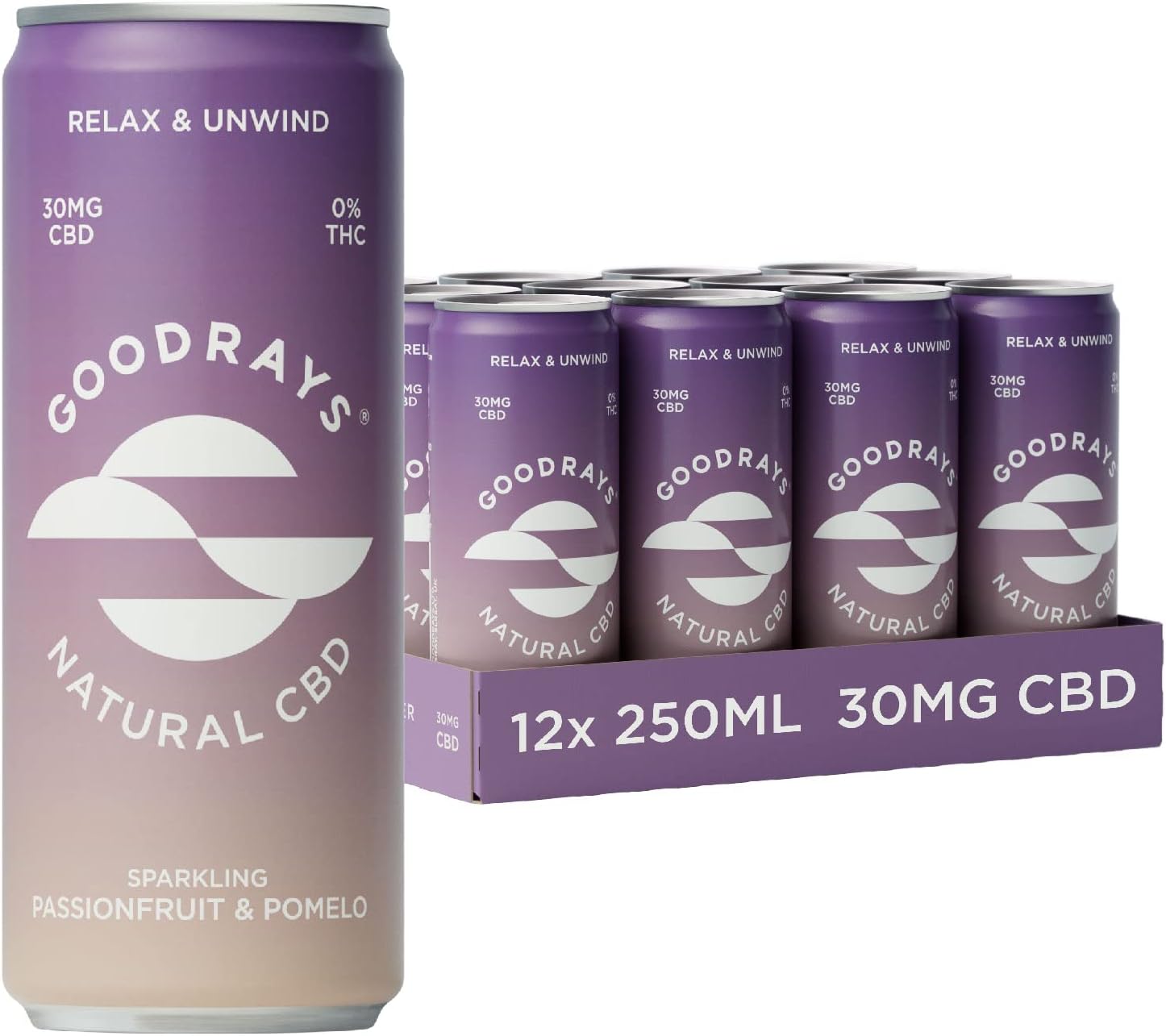 Goodrays - 30mg CBD Drink - 12 x 250ml Cans - Passionfruit & Pomelo - Natural Flavours, Low Calorie, Vegan - High Strength (30mg/can), All Natural - Reduce Anxiety, Stress & Unwind