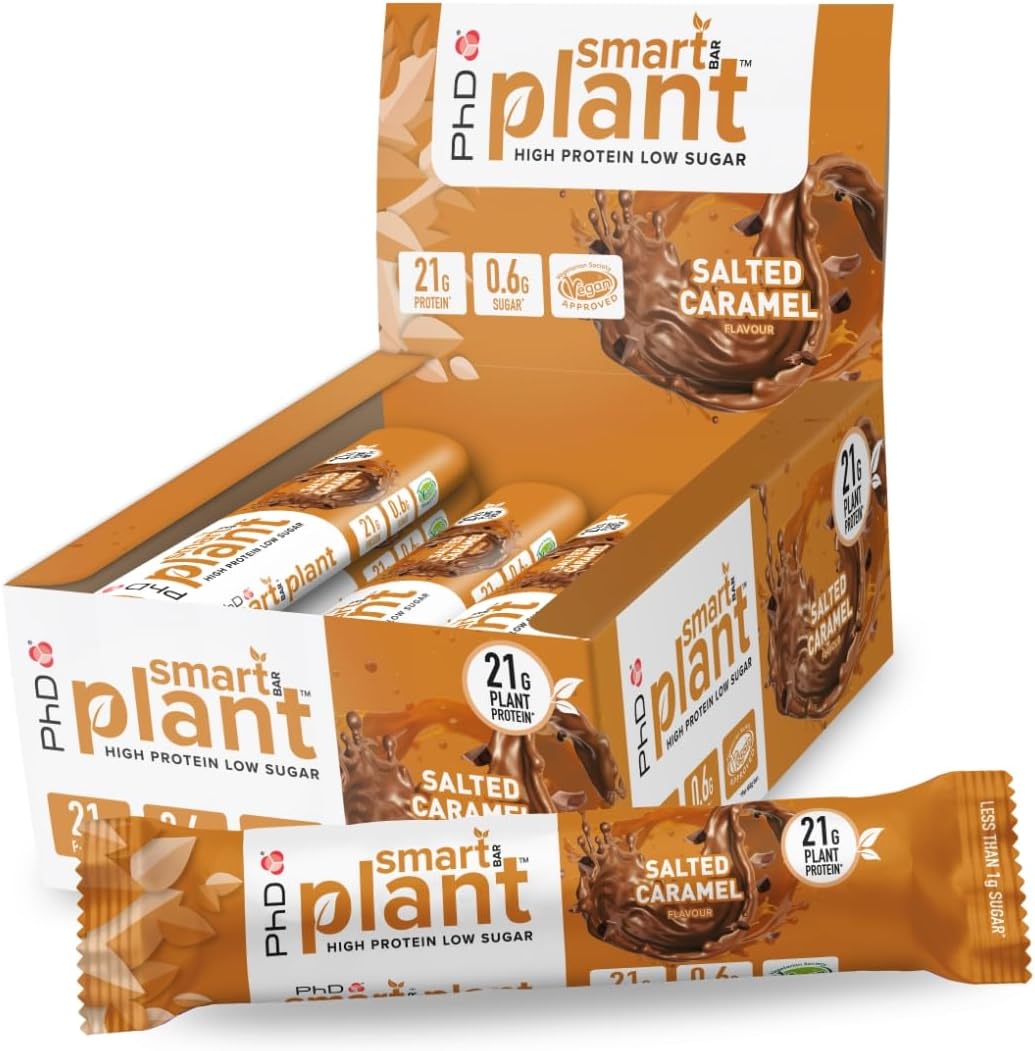 PhD Nutrition Smart Plant Bar Low Calorie, High Protein Low Sugar Vegan Protein Bar/Protein Snacks, Salted Caramel Flavour, 20g of Plant Protein, 64g Bar (12 Pack)