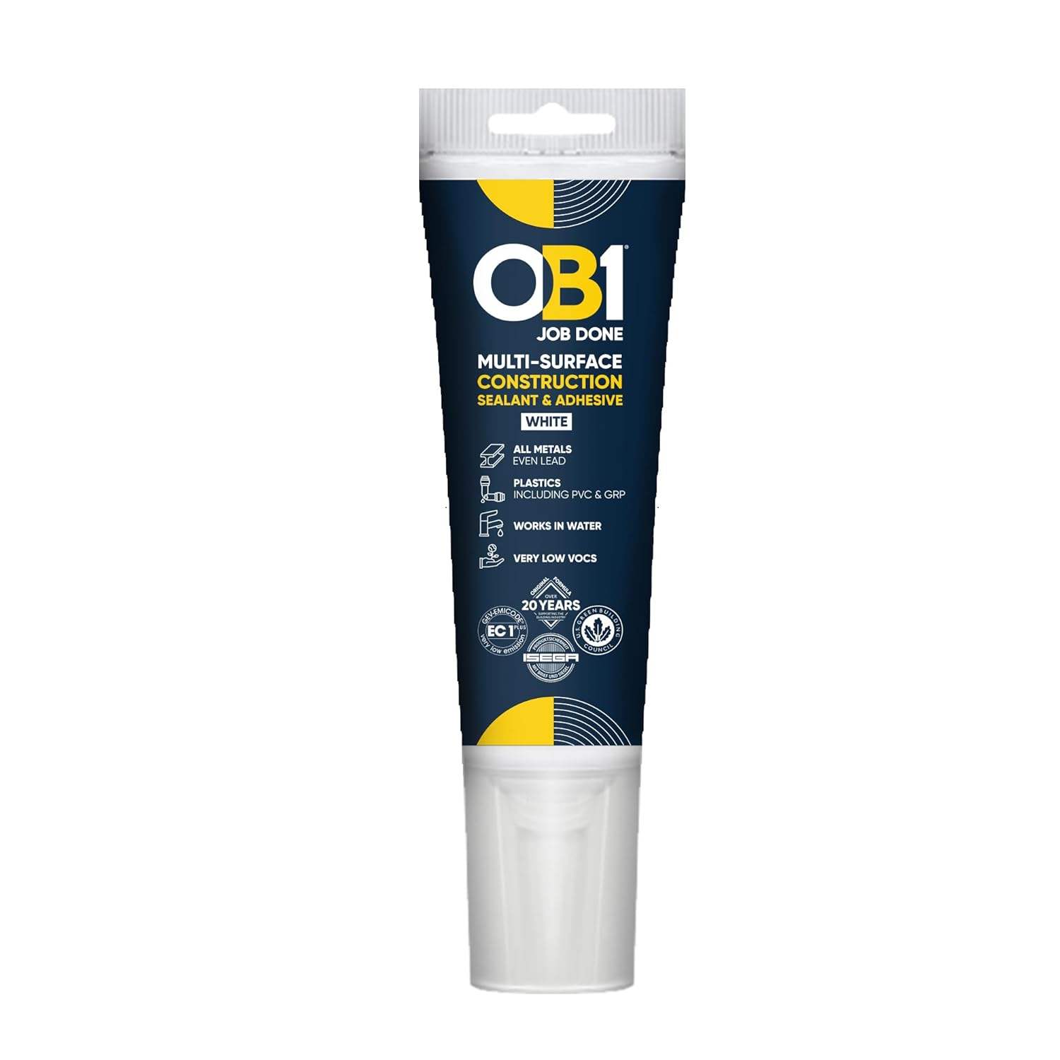 OB1 White Multi-Surface Construction Sealant & Adhesive - Hybrid Polymer - Excellent Chemical Resistance - Water Resistant - Weather Resistant - Food Safe - 80ml Tube