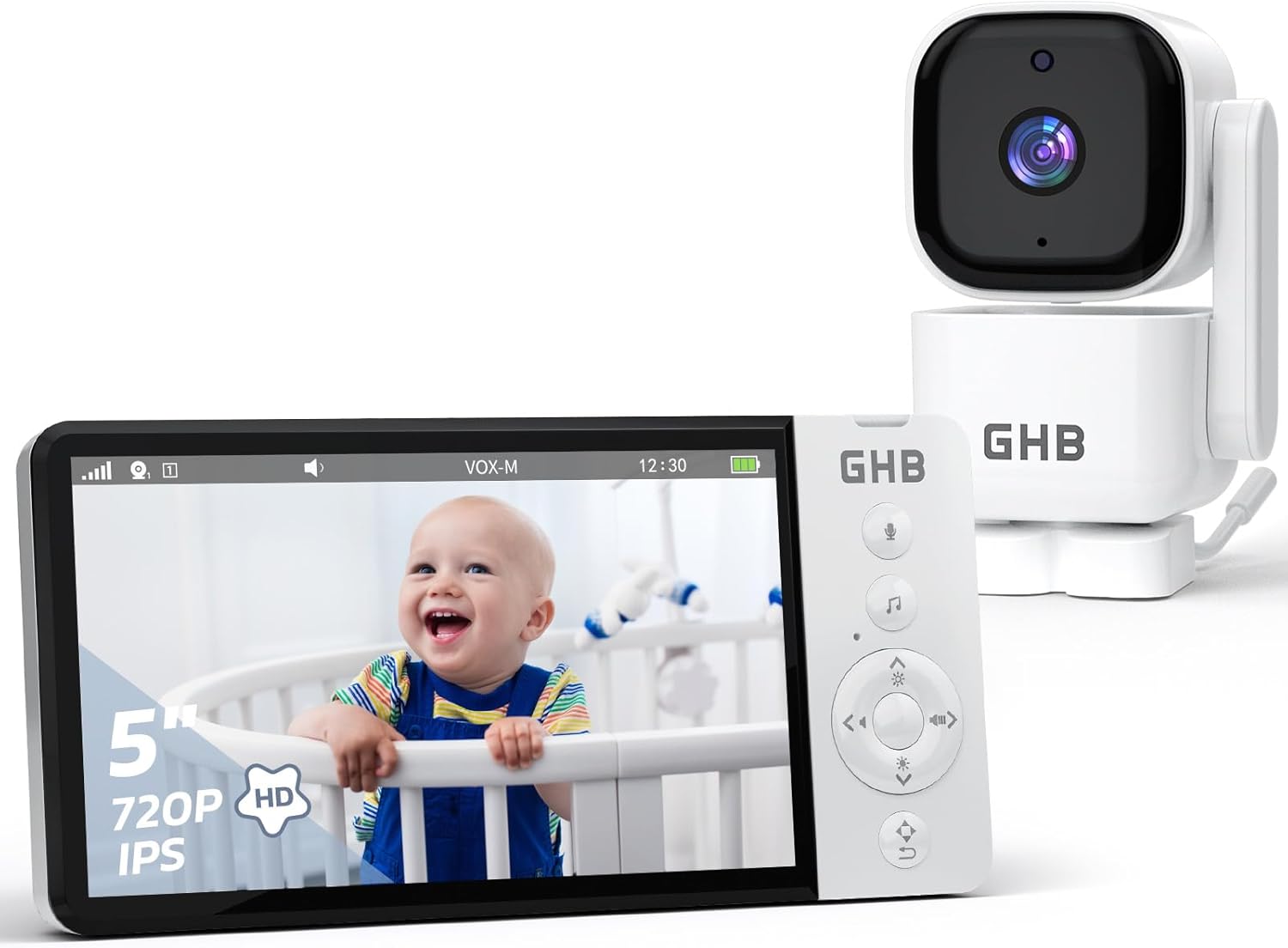 GHB Baby Monitor with Camera and Night Vision, 5'' HD Video Monitor, 720P, Remote Pan and Tilt, VOX Mode, 2-Way Talk, Temperature Display, Lullaby