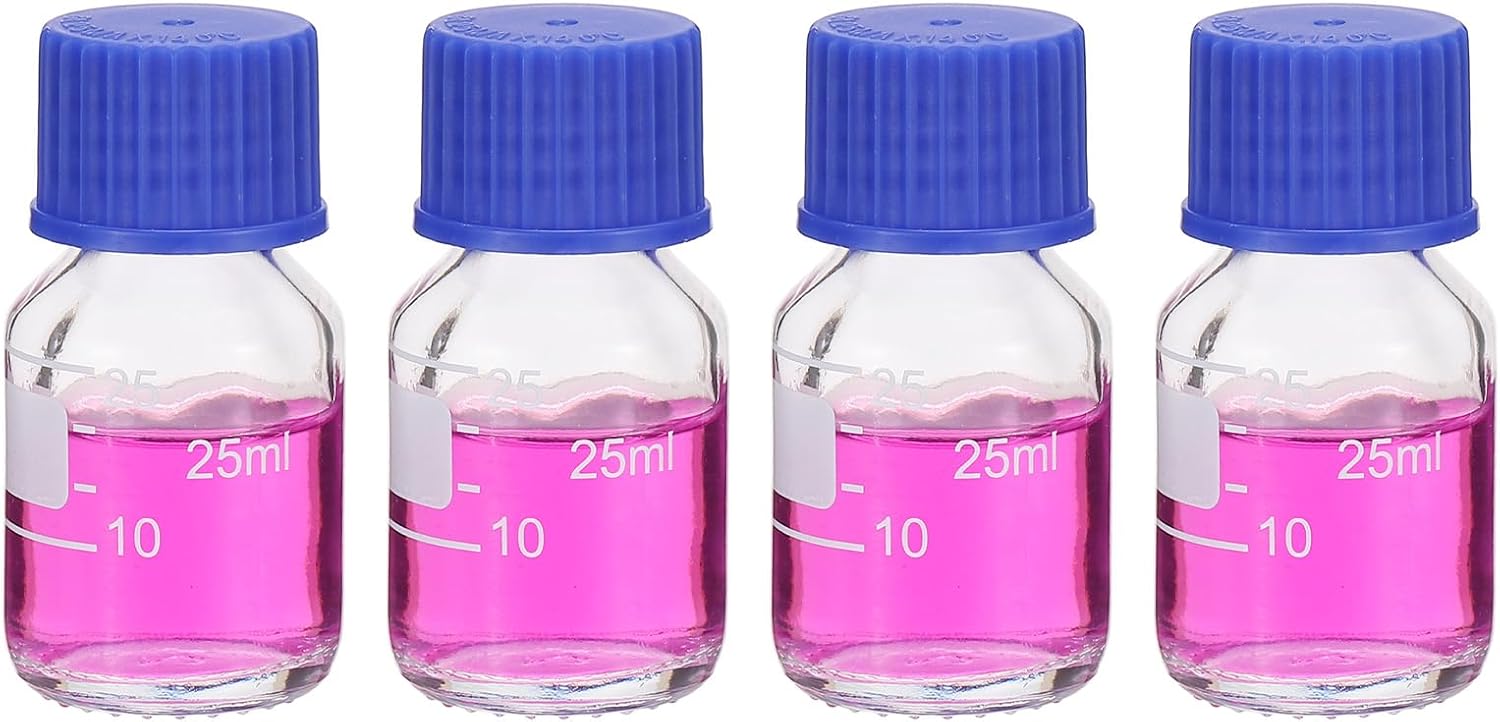 PATIKIL 4 Pack Reagent Media Storage Bottles, 25ml Borosilicate Glass Graduated Round Bottles with GL32 Blue Screw Cap for Lab Water Reagent Liquids, Clear