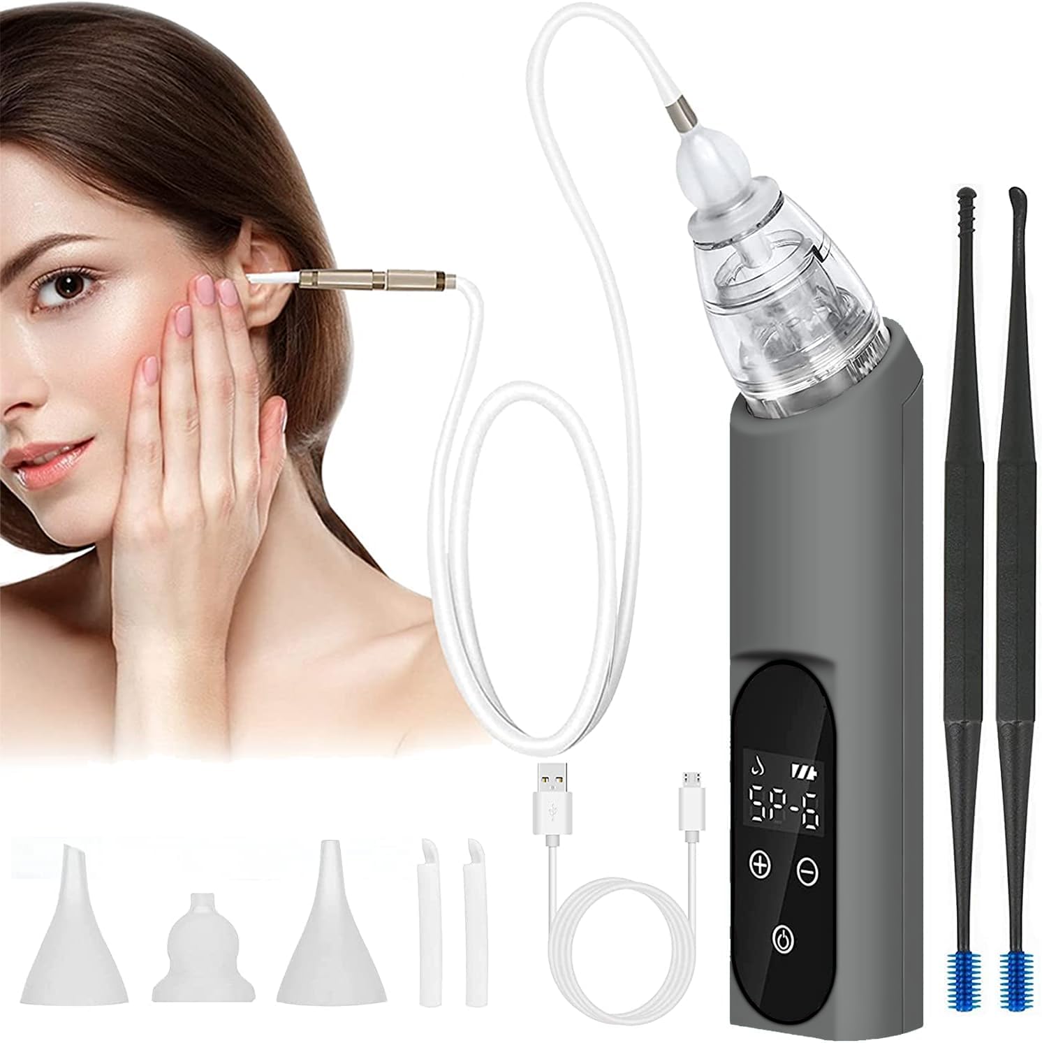 Ear Wax Vacuum Removal Tool, 6 Gear Strong Suction Electric Ear Cleaner Ear Vacuum Wax Remover, USB Charge Ear Wax Vacuum Cleaner Ear Wax Suction Remover for Adults Kids (Grey)
