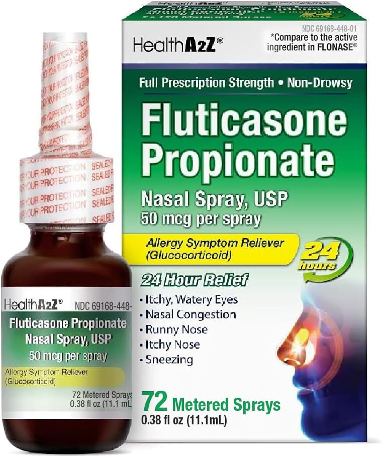 HealthA2Z® Fluticasone Propionate Nasal Spray| 50 mcg per Spray | 24 Hour Allergy Relief | 72 Sprays | 0.38 fl oz (11.1mL) | Relief from Nasal Congestion | Runny Nose | Sneezing
