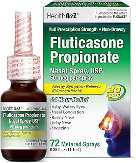HealthA2Z® Fluticasone Propionate Nasal Spray| 50 mcg per Spray | 24 Hour Allergy Relief | 72 Sprays | 0.38 fl oz (11.1mL) | Relief from Nasal Congestion | Runny Nose | Sneezing