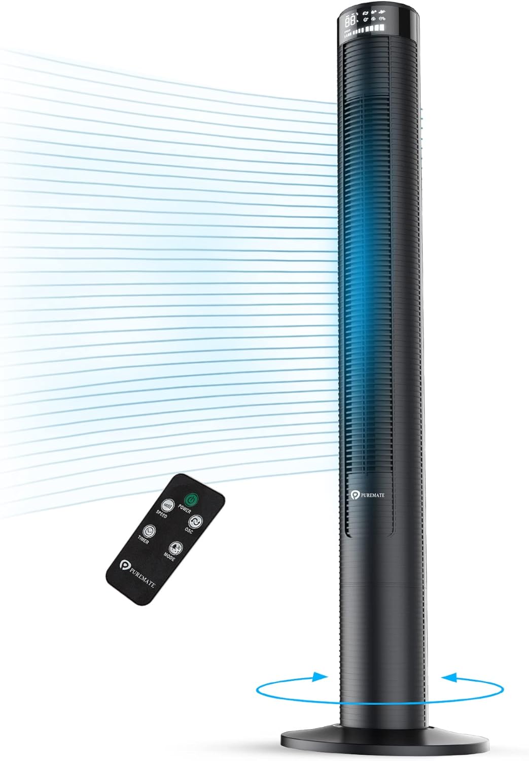 PureMate 46-Inch Tower Fan, Oscillating Cooling Fan with Remote, 3 Speeds, LED Display, 4 Operational Modes,12-H Timer, Portable 45W Quiet Standing Floor Bladeless Fan for Bedroom, Home & Office