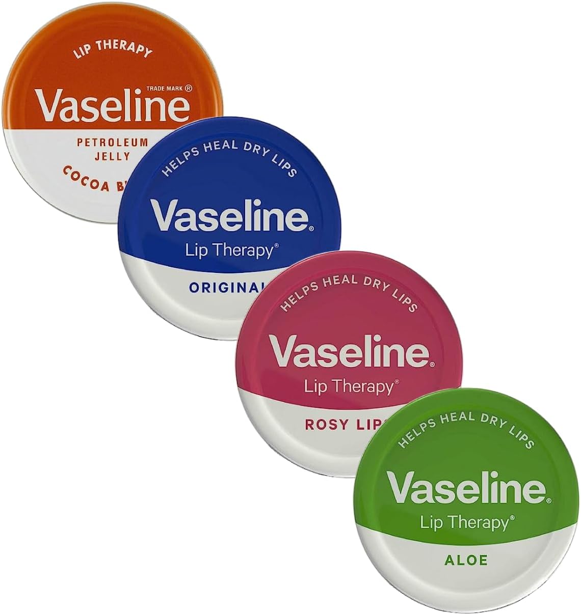 Vaseline Lip Balm - Petroleum Jelly - Lip Therapy - Original, Coco Butter, Alo VeraAnd Rosy 20g Tin - Soothes Dry Lips - Pack Of 4