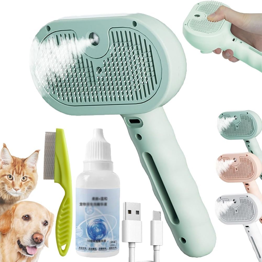 Renu Dog Brush, Freshfur ShowerBrush+bathing Solution, Chewie Steam Brush for Dogs Shedding, 3 in 1 Rechargeable Steams Cat Brushes Self Cleaning Hair Removal Grooming Supplies Tool(Green)