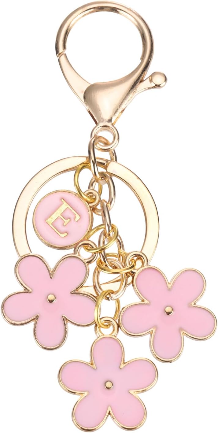PATIKIL Pink Flower Keychain Charm, Cute Enameled Keychain Initial Floral Keyring with Letter E Charm Pendant for Women Key Handbag Backpack Bag Accessories
