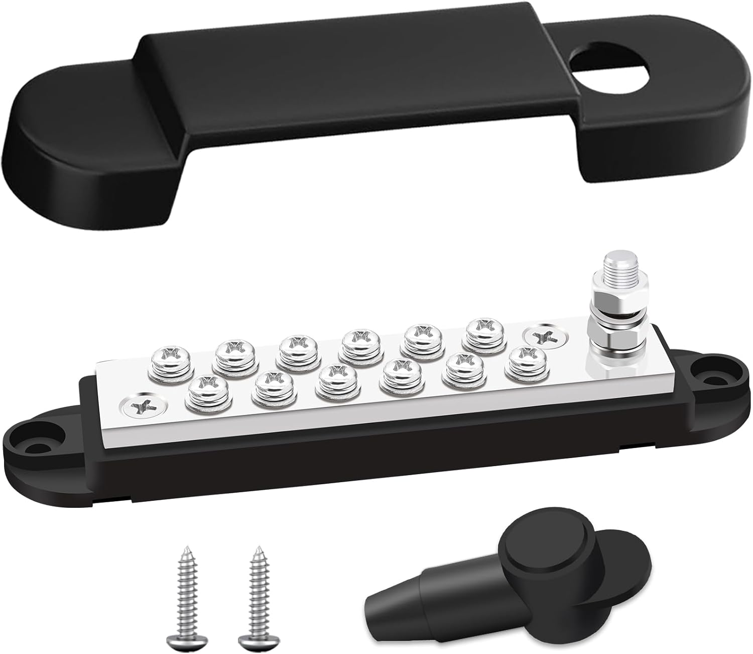 Marine Bus Bar 12V 150A 1/4" Stud Power Distribution Block, Buckle Designed Bottom Battery Busbar, Automotive Buss Bar 12v for Car, Boat and Solar Wiring (Black)