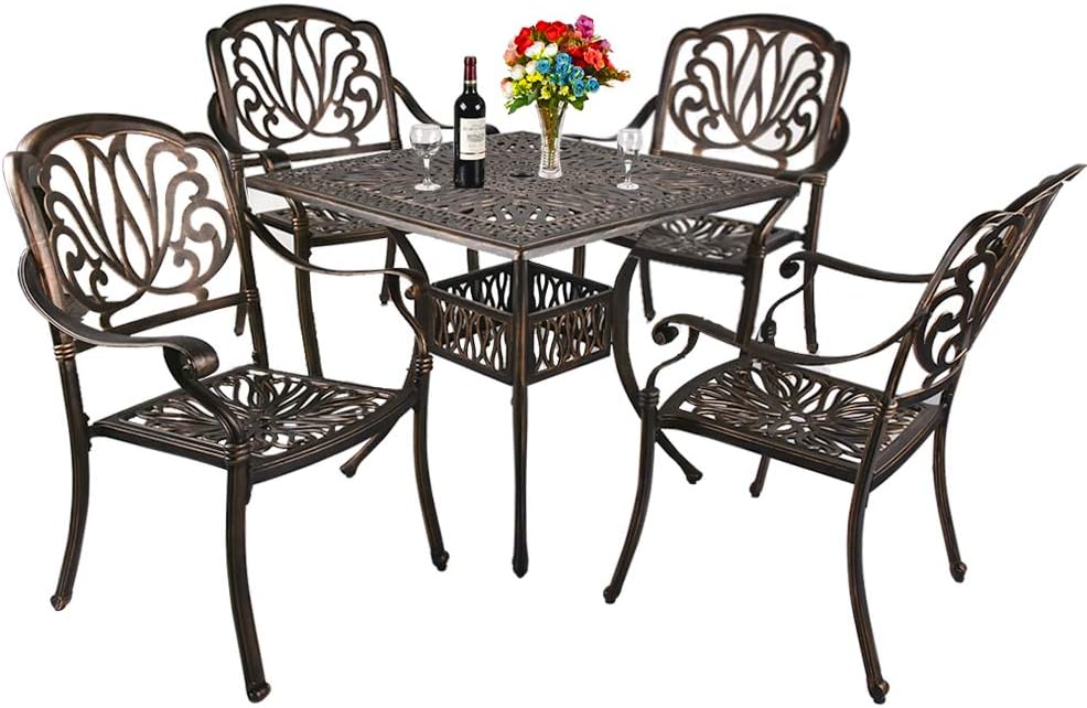 5 Piece Outdoor Cast Aluminum Patio Dining Set, Conversation Furniture Set for Patio Deck Garden with 4 Chairs and Square Table, Umbrella Hole, Flora Design