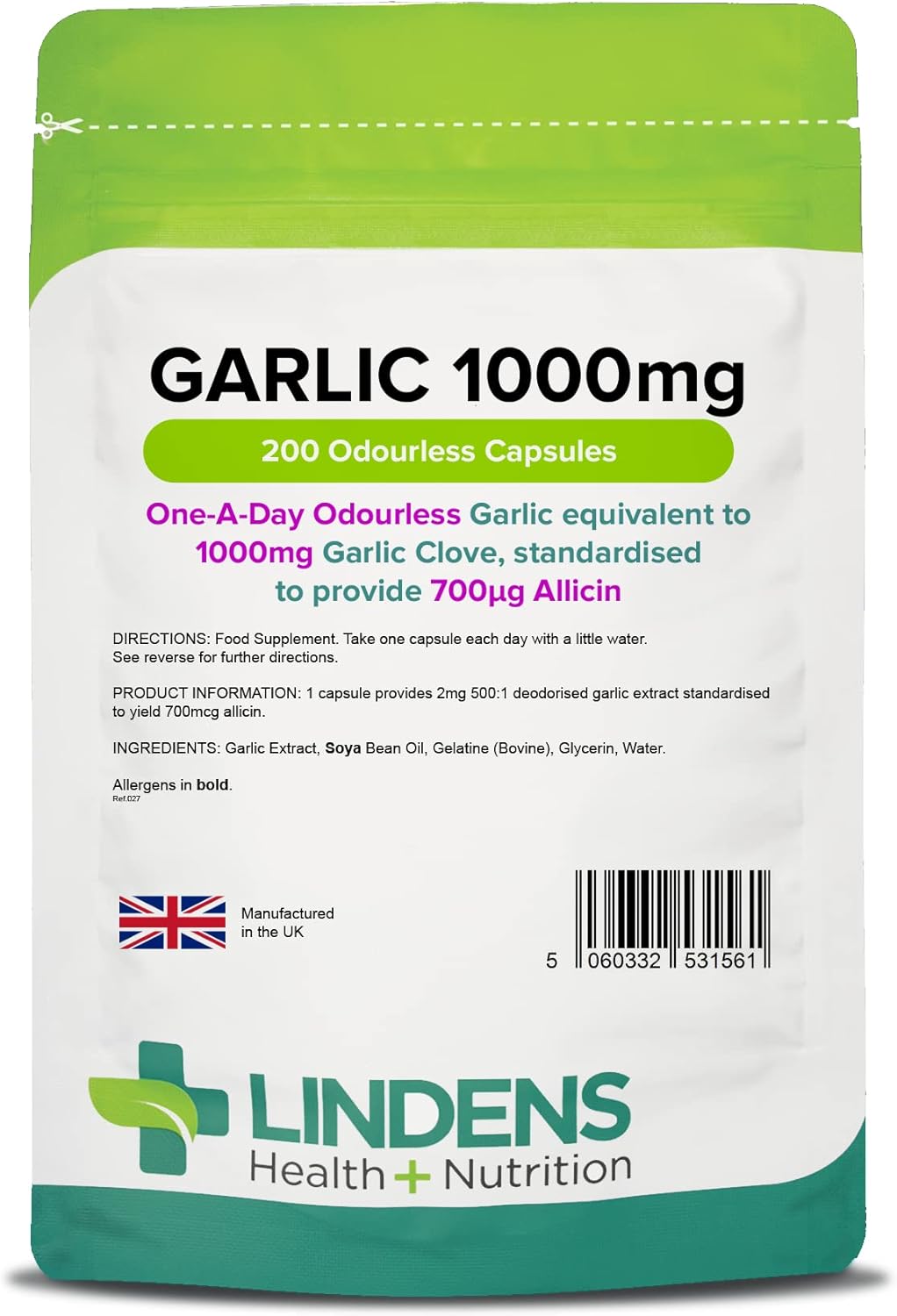 Lindens - Garlic 1000mg - 200 Odourless Capsules - UK Made - One-A-Day - Standardised to Provide 700mcg Allicin (Equivalent to 1000mg Fresh Garlic) - 6+ Months Supply - GMP & Letterbox Friendly