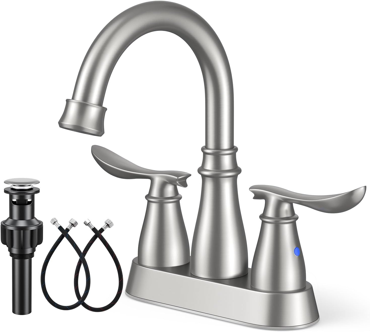 LUFEIDRA Bathroom Faucets with Pop-up Drain, Lead-Free 4 inch Centerset 2-Handle 2-3 Hole 360° Swivel Spout Faucet and Water Supply Lines for Bath Sink, Rv, Laundry, Brushed Nickel