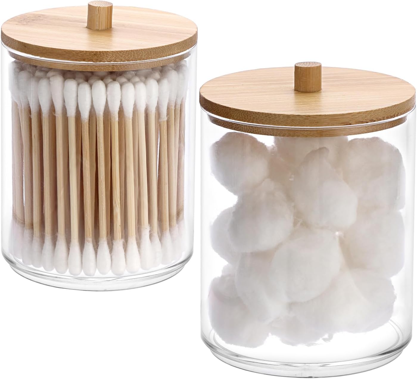 SUMTree 2 Pcs 10 Ounce Plastic Cotton Swab Holder, Acrylic Cotton Bud Qtip Holder Dispenser, Bathroom Cotton Pads Organiser with Bamboo Lids