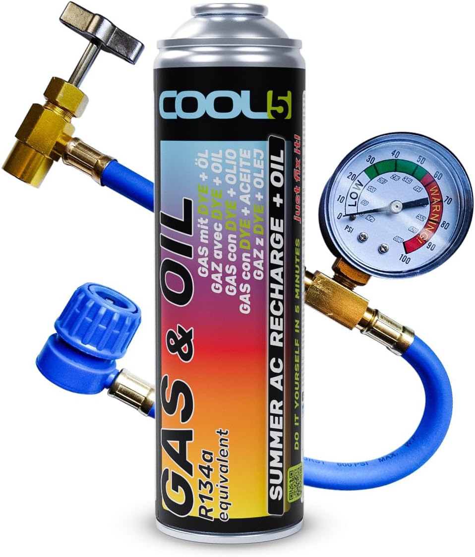 COOL5 R12/R134a Gas&Oil Aircon Gas + Hose Top Up Kit (500ml) - AC Refill Bundle!