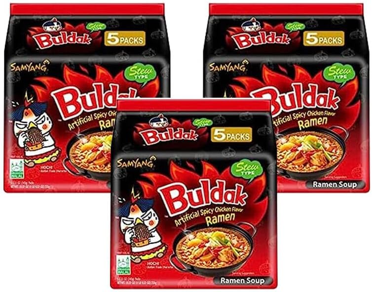 Samyang Chicken Ramen Noodles (140 x 5) Gram - Instant Korean Style Spicy Flavour - Quick & Delicious Instant Chewy Noodles (Pack of 3, Samyang Stew Type Noodles)