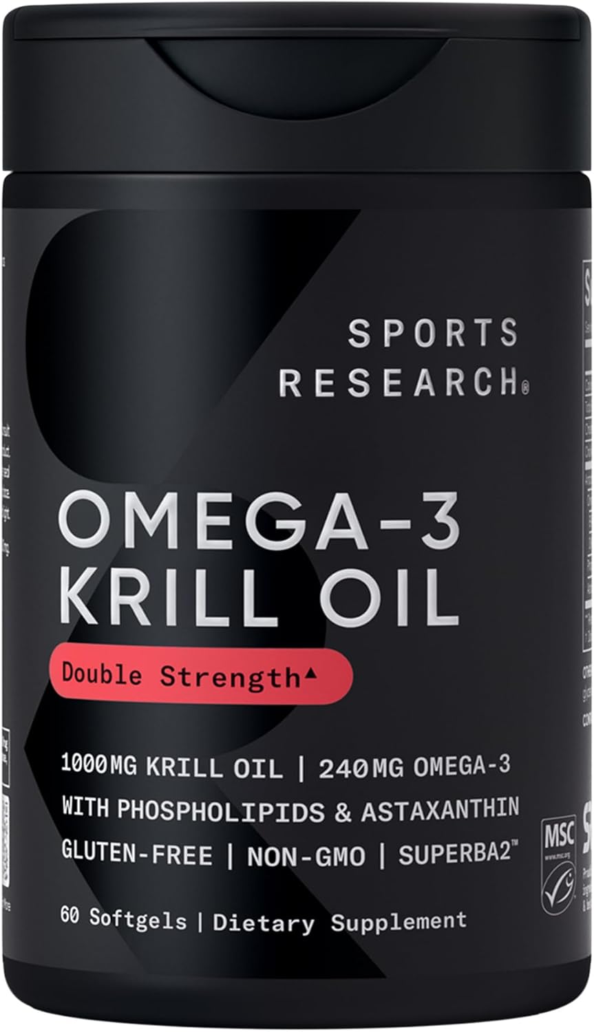 Sports Research Krill Oil Supplement with EPA & DHA Omega 3, Phospholipids & Astaxanthin from Antarctic Krill - Highest Concentration of Krill Oil for Men & Women - 1000mg, 60 Softgel Capsules