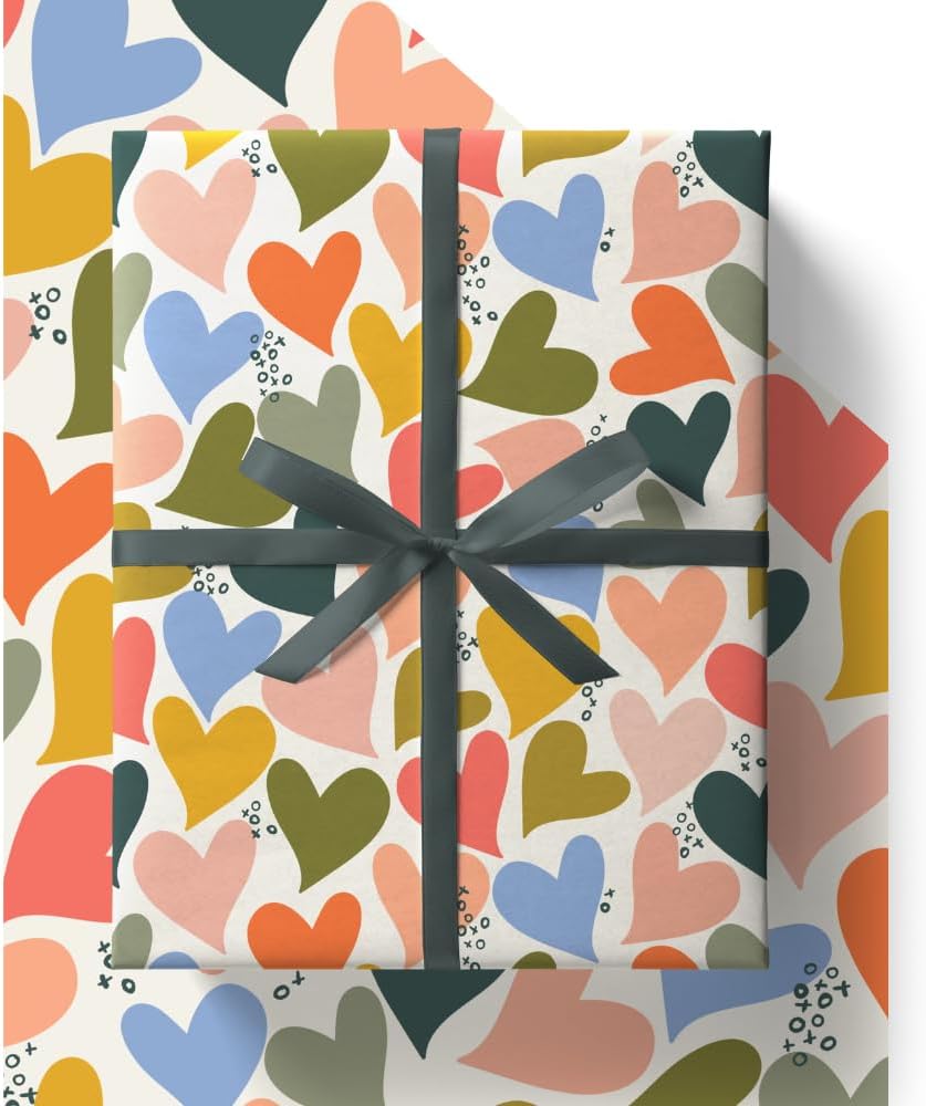 Colourful Hearts Wrapping Paper - HUGE 43% BIGGER [84cm x 60cm] Eco Friendly Recyclable Love Heart Gift Wrap for Anniversary, Wedding, Birthday, Valentines Day, Husband or Wife (4 Sheets & 4 Tags)