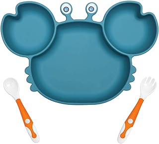 Baby Plates with Suction Divided, Baby Spoon Fork Set for Toddlers, Silicone Plates for Kids with Suction Baby Dishes Kids Plates and Utensils-crab blue