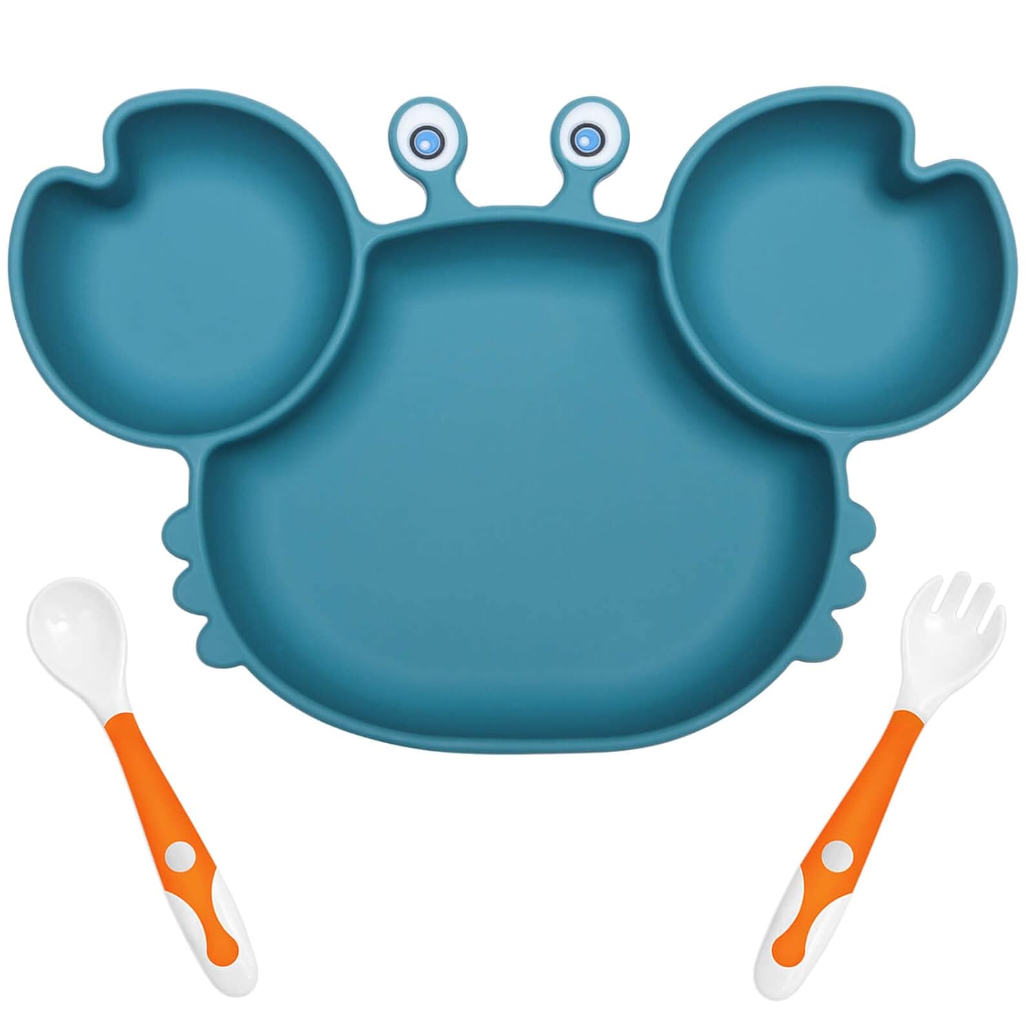 Baby Plates with Suction Divided, Baby Spoon Fork Set for Toddlers, Silicone Plates for Kids with Suction Baby Dishes Kids Plates and Utensils-crab blue