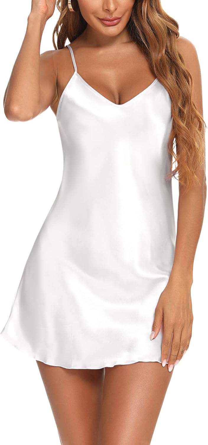 Litherday Women's Satin Negligee Nightdress Babydoll Lingerie Silk Nighty Chemise Nightgown Sleepwear V Neck Nightwear Short Dress