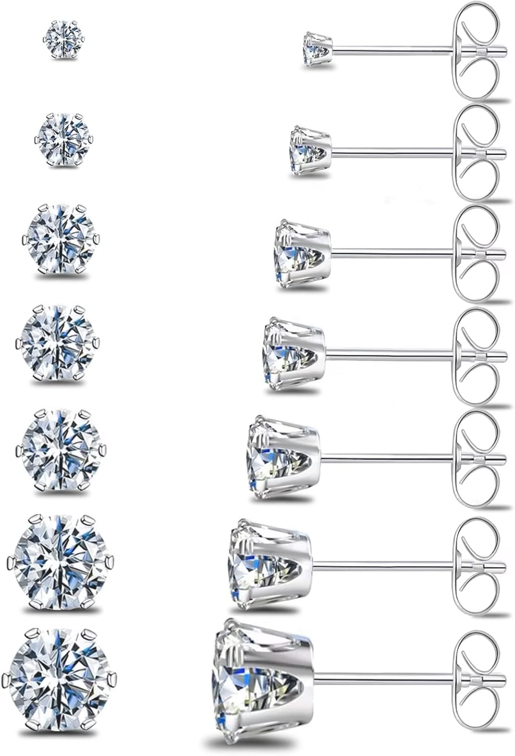 Silver Gold Black Stud Earrings Set 7Pairs Hypoallergenic Cubic Zirconia Titanium Stainless Steel Silver Rose Gold Black CZ Cartilage Stud Earrings Jewelry Sets for Women Men, 2-8mm CZ Stud Earrings