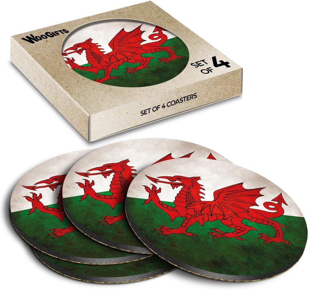 4 x Round Coasters - Distressed Wales Welsh Dragon Flag Cork Backed MDF Glossy Tea Coffee Accessory #56016