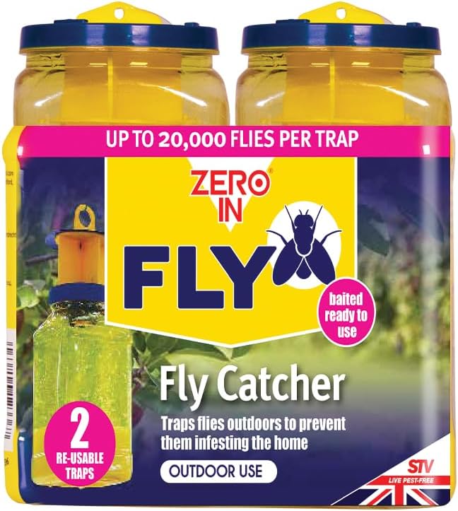 Zero In Outdoor Fly Trap - Ready-Baited Outdoor Fly Catcher, Twin Pack - Non-Toxic, Insect Trap to Attract & Trap Bugs - Suitable for Garden & Outdoor Use, Lasts up to 2-3 Weeks