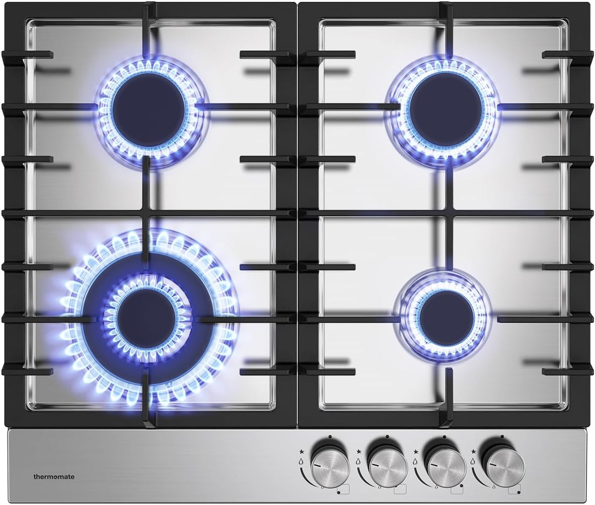 ThermoMate GHSS604 Stainless Steel Gas Hob 4 Burners, 60cm Built in Gas Cooker with Cast Iron Support, Propane Gas Cooktop with Flame Out Protection and Plug, NG/LPG Convertible