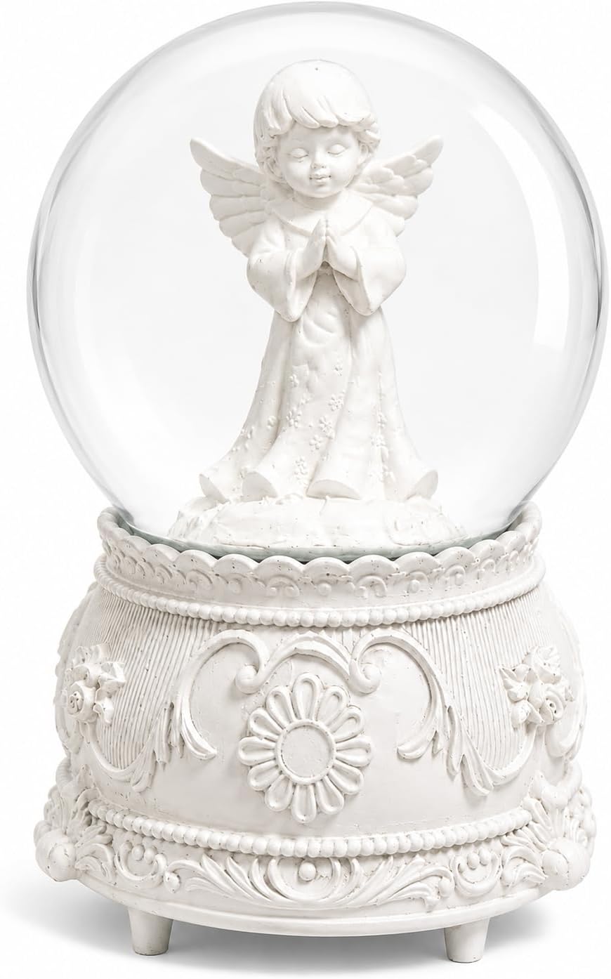 Praying Angel Snow Globe 100mm with LED Light, White Resin Ornament