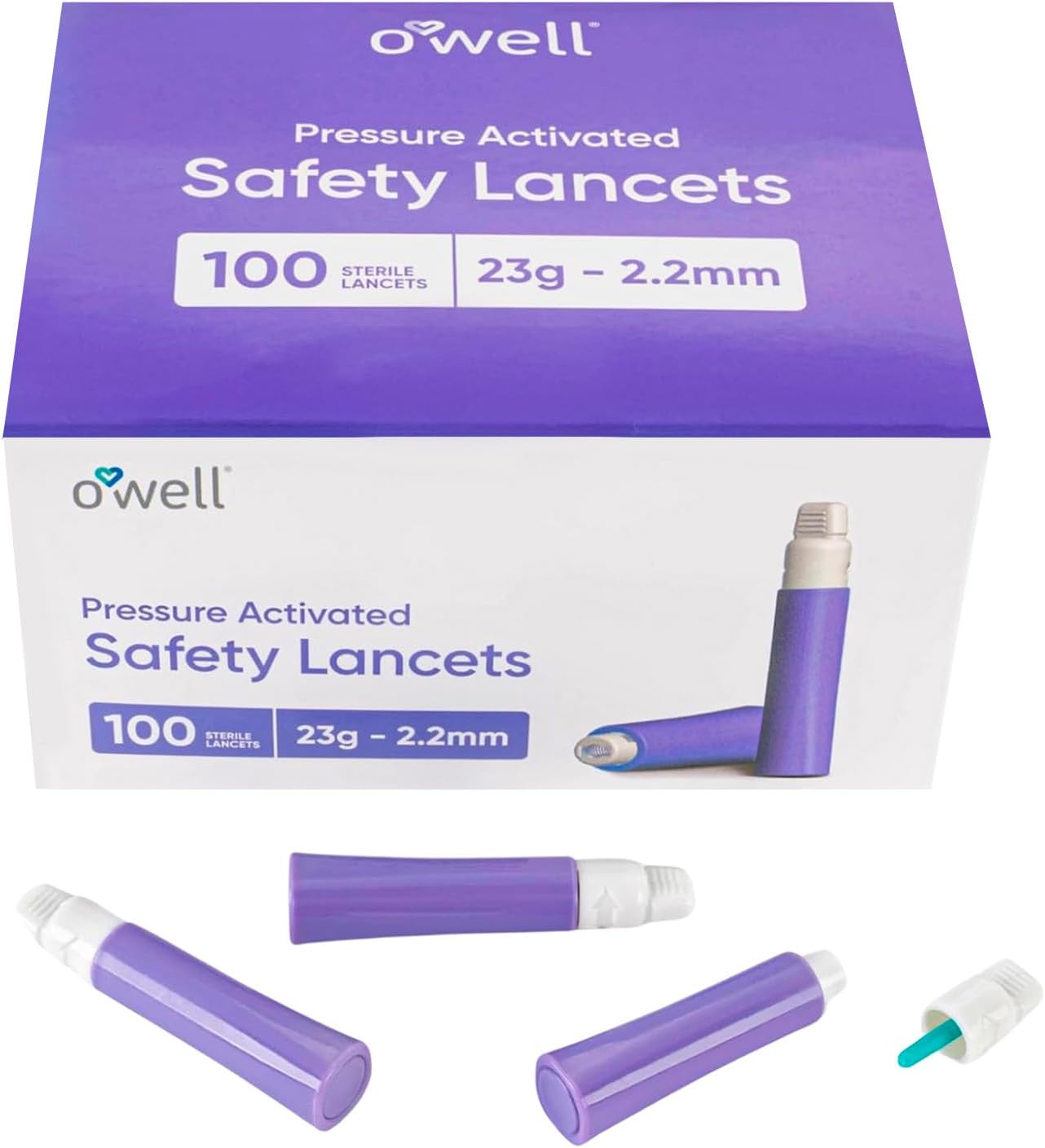 OWELL® Safety Lancets 23G x 2.2mm – 100 Count | Balanced Comfort & Flow | Sterile, Preloaded, Medical-Grade, Pressure Activated Diabetic Lancets for Daily Testing