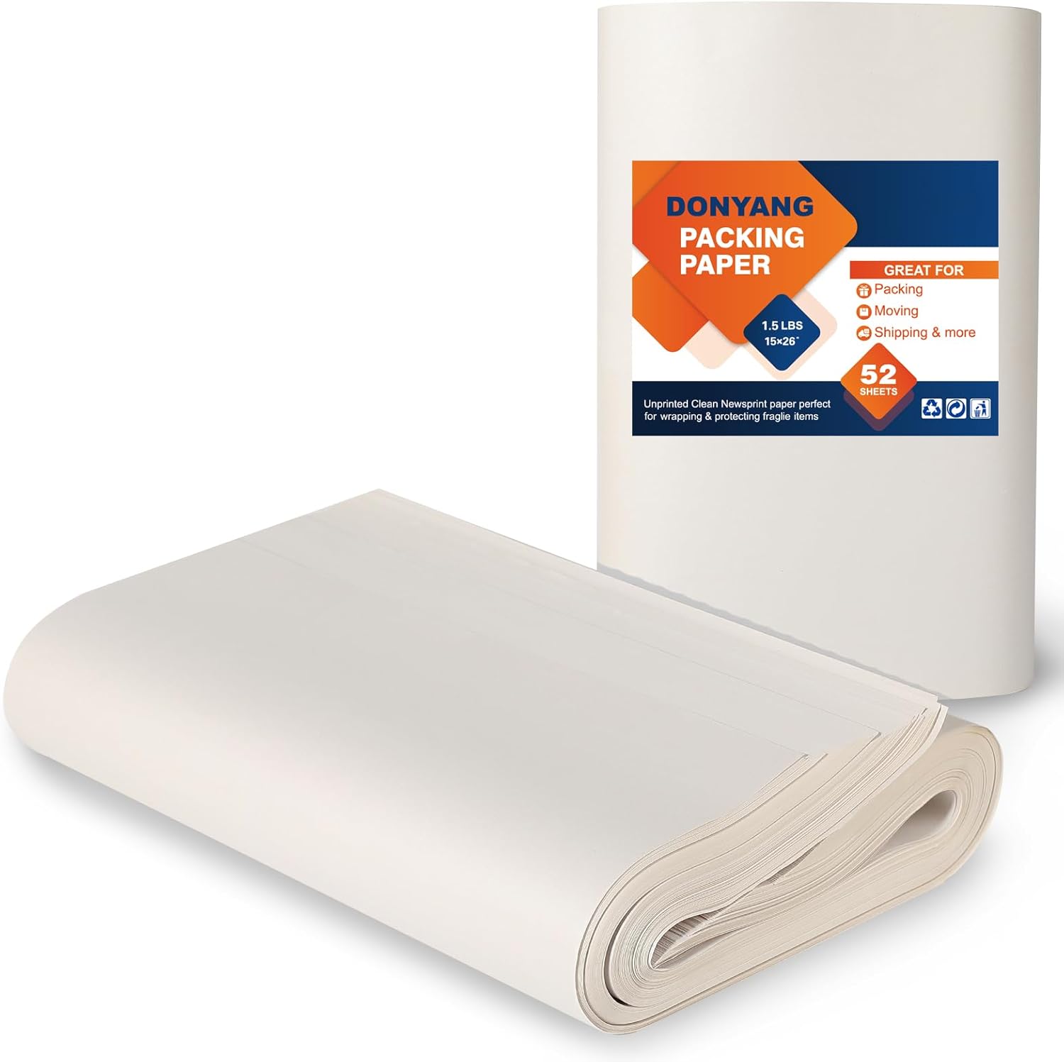 Newsprint Packing Paper for Moving Boxes, 26" x 15" Packing Boxes for Moving, Packaging, Shipping Supplies, 52 Sheets Newspaper Wrapping Material for Moving Essentials, Dishes Glassware Filler 1.5 lbs
